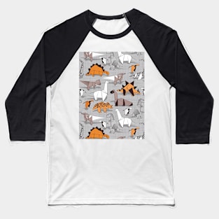 Origami dino friends // pattern // grey linen texture background orange white and beige dinosaurs Baseball T-Shirt